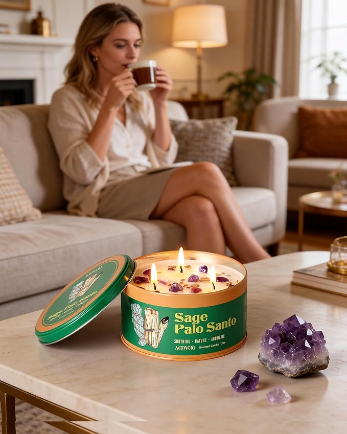 AOOVOO Sage & Palo Santo Candle for Cleansing - 3 Wick 12oz Large Scented Candle with Crystals & Sage & Palo Santo Inside, Soy Candle Non-Toxic for Meditation Spiritual Healing Gift