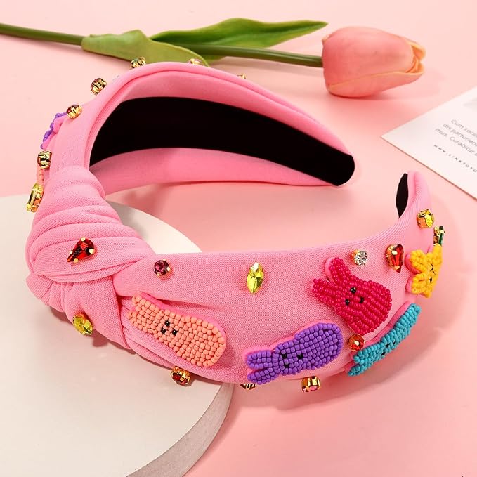 mokkia Easter Headbands Beaded Rabbit Bunny Headband for Women Pink Spring Knotted Headband Easter Hair Accessories Gifts