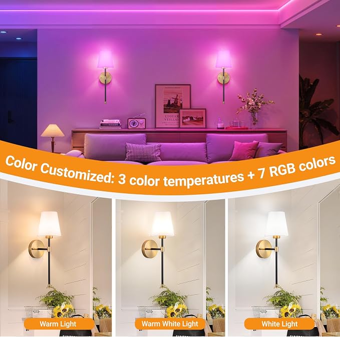 Nekhung Battery Operated Wall Sconces Set of 2, Wireless Wall Light with 10000mAh RGB Dimmable Magnetic Bulb, Rechargeable Wall Sconce with Remote Control for Bedroom Living Room