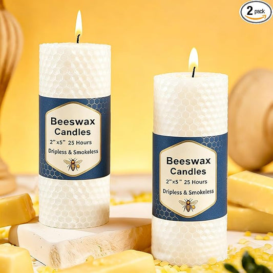 2 Pack Beeswax Pillar Candles, Pure Natural White Beeswax Candles Bulk,Unscented Bees Wax Candle for Home,Prayer,Dripless Smokeless Organic 100% Pillar Candles 2x5in