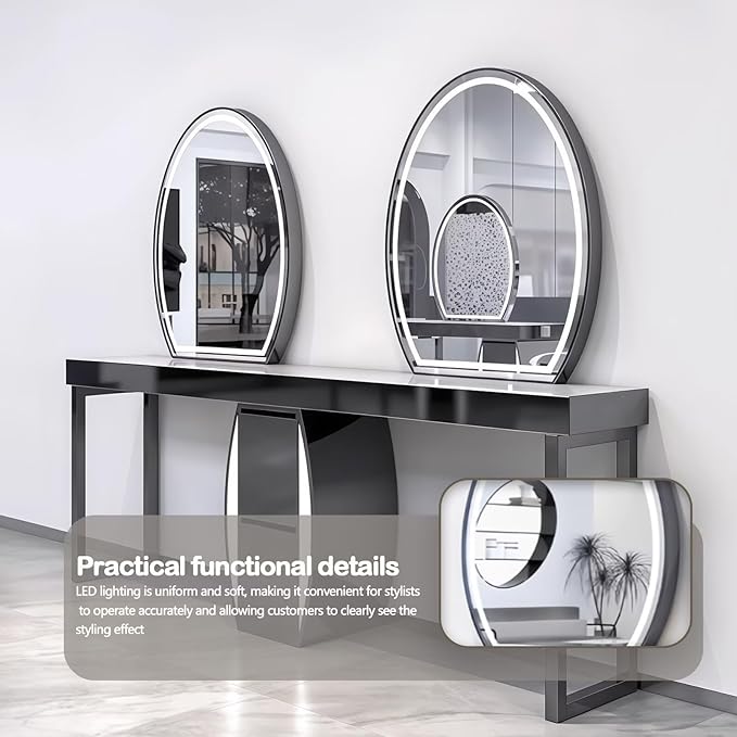 2-Person Salon Station for Hair Stylist with Curved Cabinet & Glowing Accents, Barber Station includes Oval LED Mirror, Large Capacity Storage