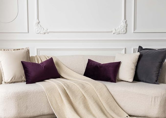 12x20 Decorative Lumbar Velvet Throw Pillow Covers Set of 2,Eggplant Purple | Cozy Soft Couch Covers with Invisible Zipper for Modern Couch Sofa Bed Living Room Bedroom Home Decor