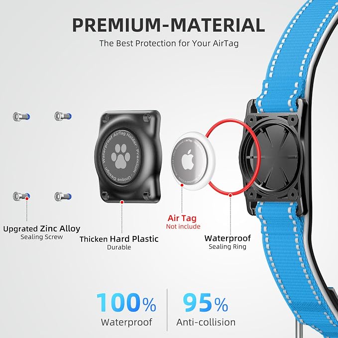 Upgrade Dog Collar with AirTag Holder, IP68 Waterproof, Ocean Blue, XL | Built-in Water Resistant AirTag holder, 1000D Nylon, Reflective Stitching for Night Visibility, Soft padding for Comfort
