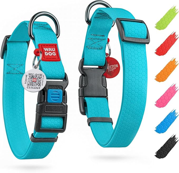 WAUDOG Waterproof Dog Collar Airtag Holder QR Tag Small Medium Large Dogs | Water and Dirt Resistant, Quick Dry QR Pet Tag Adjustable Durable Comfort for Male and Female Dogs Outdoor Walking Training