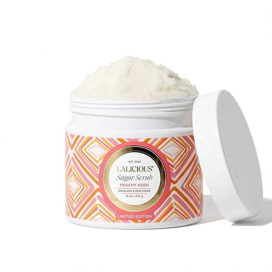 LALICIOUS Peachy Keen Exfoliating & Moisturizing Body Scrub | Sugar & Coconut Oil | Pre-Shave Scrub for Ingrown Hairs & Razor Bumps | Gently Buffs & Smooths Sensitive Skin | No Parabens | Large 16oz
