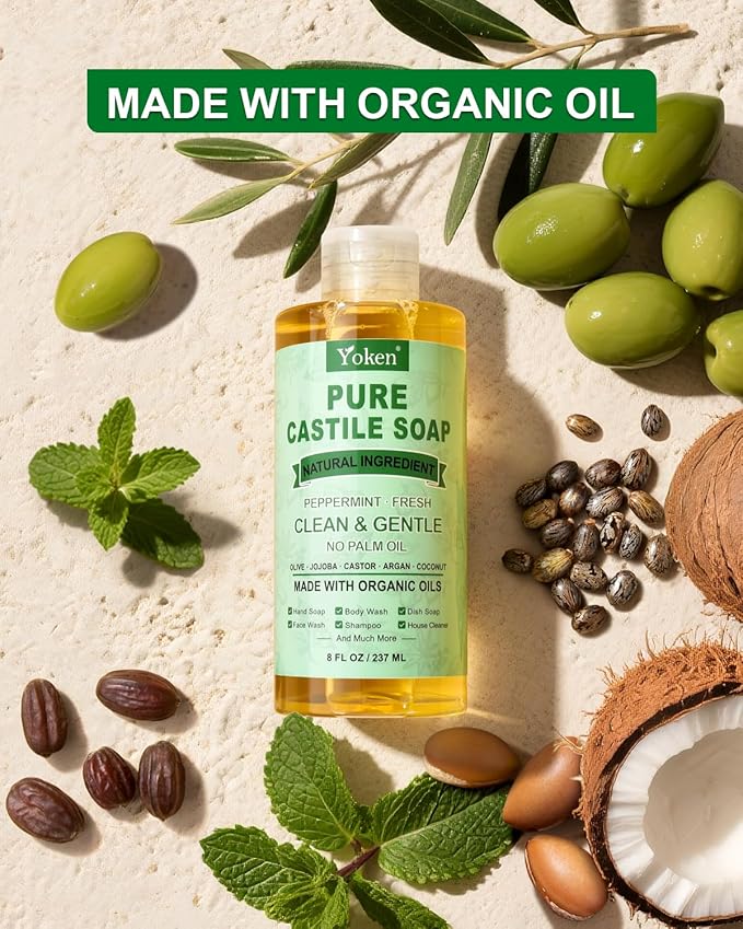 Peppermint Castile Soap Liquid 8 OZ, Made with Certified Organic Oils, Gentle Peppermint Soap for Body Wash, Face, Hands, Dishes, Laundry & More - Vegan & Natural Ingredients Versatile Cleanser