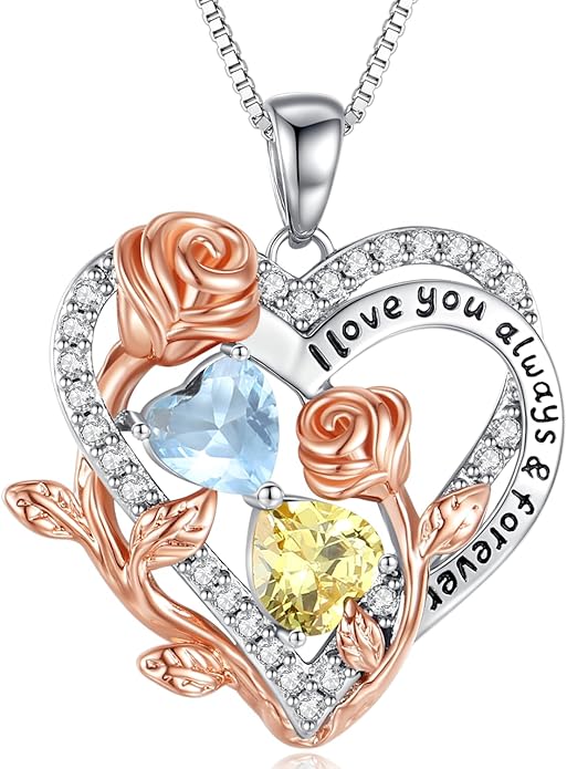 I Love You Birthstone Necklace, 925 Sterling Silver Heart Pendant with CZ Diamond Stones, Birthday Gifts for Women, Romantic Gift for Wife, Girlfriend, Her, Anniversary, Valentine's Day, Christmas