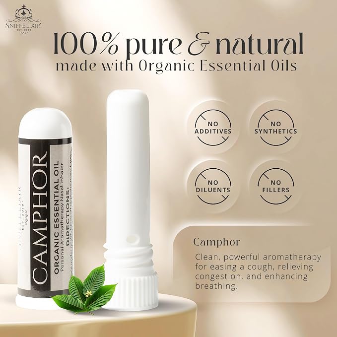 Camphor Essential Oil Aromatherapy Nasal Stick Vapor Inhaler for Mucus Relief - Chest Congestion & Cough Relief for Adults, USA Made with Organic Essential Oils