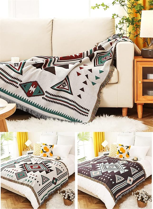 Homesy Aztec Throw Blanket Native Southwestern Bed Blankets 63"x87" White | Southwest Decor,Boho Style,Sofa Chair Cover,Outdoor Beach Car Tent Travel Camping Use,Tapestry,Reversible and Tassels