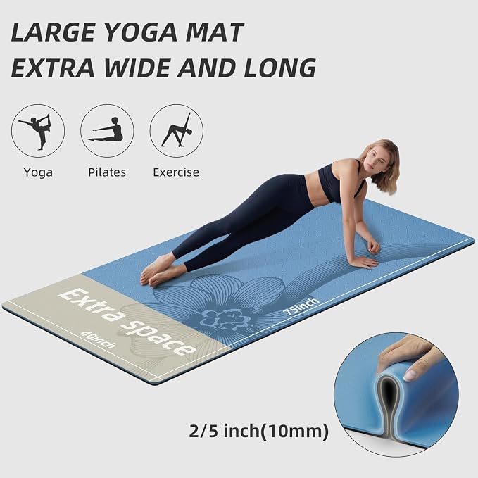 Large Exercise Mat | 10mm Thick TPE Non-slip Gym Mats, Carrying Strap