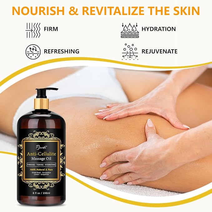 Pjordo Anti Cellulite Massage Oil for Massage Therapy, 100% Natural & Pure Body Firming Oil for Reducing Cellulite, Firming & Moisturizing Skin, Fast Absorbing, Cellulite Remover for Leg & All Body