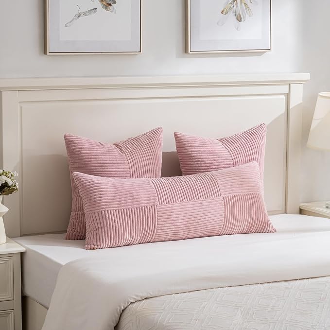 Fancy Homi Set of 1 Blush Pink Boho Long Lumbar Body Decorative Throw Pillow Cover 14x36 Inch for Bed Couch Bedroom Bench, Soft Patchwork Corduroy Textured Pillow Case, Rustic Farmhouse Room Decor