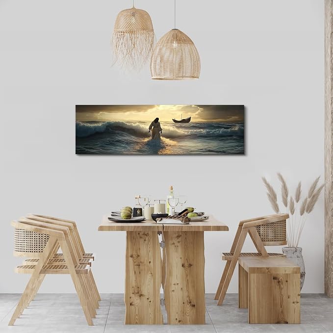Christian Canvas Wall Art Jesus Walking on Water Wall Decor for Living Room Vintage Christ Picture Bedroom Religion Poster Prints Abstract Sunset Ocean Panoramic Painting Artwork Home Decorations 14x48”