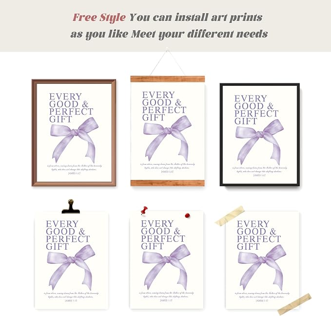 LARTSFRO Coquette Purple Bow Wall Art Decor Posters, Purple Bow Room Bedroom Bathroom Dorm Wall Art Decor Aesthetic for Teen Girls Gifts, Inspirational Bible Verses Bow Wall Decor, 12x16 Inch Set of 4 Pcs Bow Pictures (UNFRAMED)