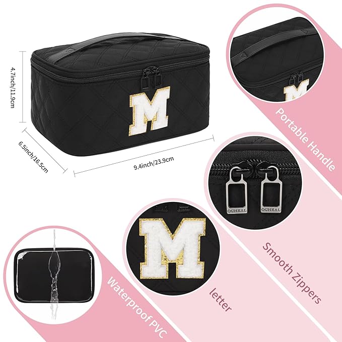 OCHEAL Makeup Bag Valentines Day Gifts for Women, Monogram Cosmetic Bag Black Travel Makeup Case Beauty Toiletry Bag Organizer Personalized Gifts for Girls Bridesmaid, Sister, Wife, Friends Initial M
