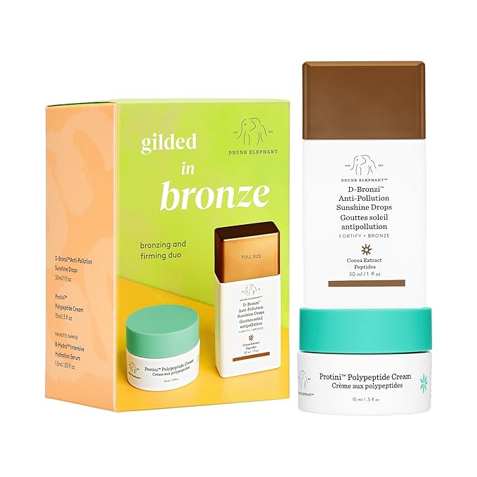Drunk Elephant Gilded in Bronze Kit - Includes D-Bronzi Anti-Pollution Sunshine Drops (30 ml/1 fl oz) & Protini Polypeptide Cream (15 ml/0.5 fl oz) - Amazon Exclusive Holiday Gift Set