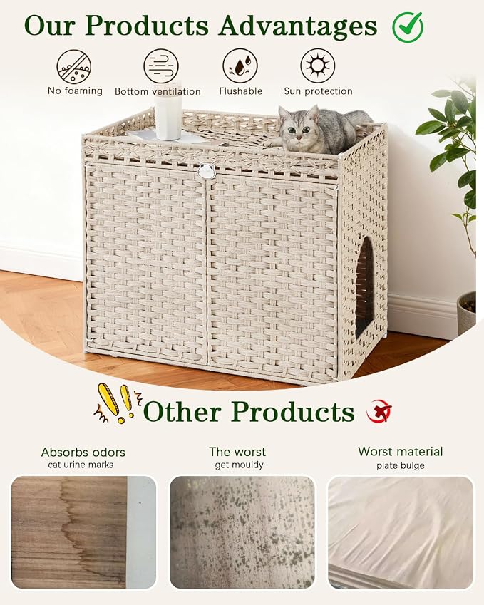 SETVSON Cat Litter Box Enclosure, XL Hidden PE Rattan, Light Khaki | Spacious Double Door PE Rattan, Spacious Nightstand & Cat Perch with Double Doors, Fits Big Litter Tray,2 S-Hooks Metal Frame