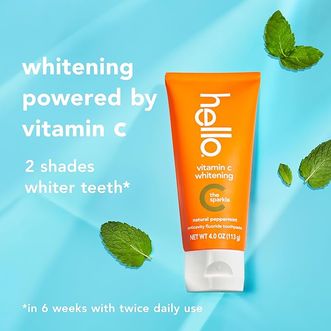 Hello Vitamin C Whitening Toothpaste with Fluoride, Whitening SLS Free Toothpaste, Up to 2 Shades Whiter Teeth, No Peroxide, Safe for Everyday Use, Natural Peppermint, 4.0 Oz