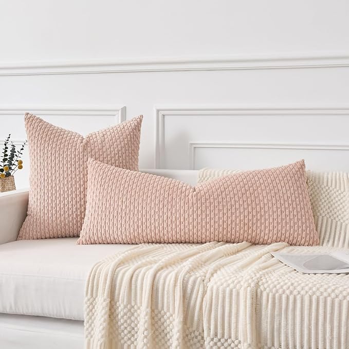Kevin Textile Soft Corduroy 20"x54" Body Pillow Cover 1 Pack, Light Pink | Boho Stripe Plush Corduroy Decorative Oblong Cushion Cover Modern Farmhouse Home Decor for Sofa Couch Bed Chair