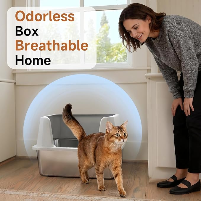XL Stainless Steel Cat Litter Box with Plastic Enclosure & Scoop | Large Size,High Sided,Easy Clean, Odor Control,Non Stick, Anti-Leak,Open Top