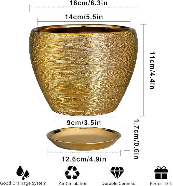 Ceramicfor Indoor Plant Pot 6 Inch - Ceramic Pot for Plants Outdoor Planter with Drainage Hole and Saucer Round Decorative Planter Modern Flower Pot for Home Decor Gold