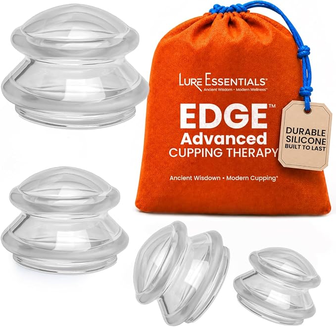 Lure Essentials Edge Silicone Cupping Set, Cupping Kit for Massage Therapy, Long Lasting Cups for Professional & Home Use, Body Sculpt Cup for Cellulite, Ultra Transparent Clear