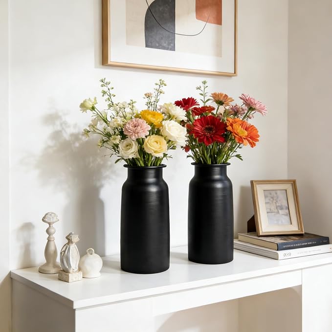 Set of 2 Black Seamless Wide Mouth Metal Flower Vase, 10.8" Tall Modern Matte Black Floral Vase Pair, Shatterproof Leakproof, Industrial Home Decor Centerpiece for Table, Mantle, Shelf