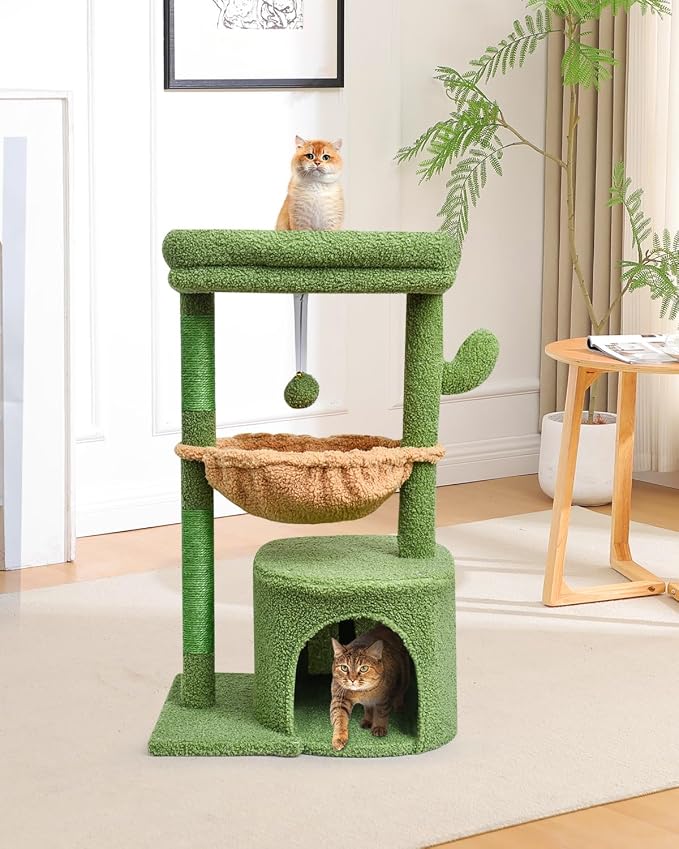 SYANDLVY Cactus Cat Tree for Indoor Cats, Green Activity Tower for Kittens | Modern Cat Furniture with Scratching Post, Basket & Hanging Ball for Play Rest