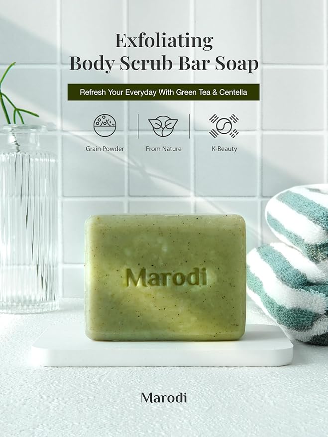 Body Scrub Bar Soap, 7 Oz (200g), Korean Exfoliating Body Wash Bar with Green Tea & Centella Extract, Subtle Fruity Citrus Scent, Deep Cleaning, Moisturizing & Refreshing, Sunrise Mist