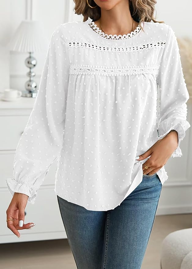 Womens Boho Tops Long Sleeve Shirts For Women Cute Crewneck Blouse Dressy Casual Swiss Dot Crochet Hollow Top 2026