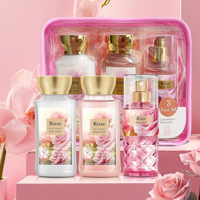Mother's Day Rose Spa Gift Set - 3PCS Luxury Bath and Body Kit for Women with Shower Gel, Body Lotion & Body Mist - Portable Travel Size Self Care Gift for Mom, Wife, or Her