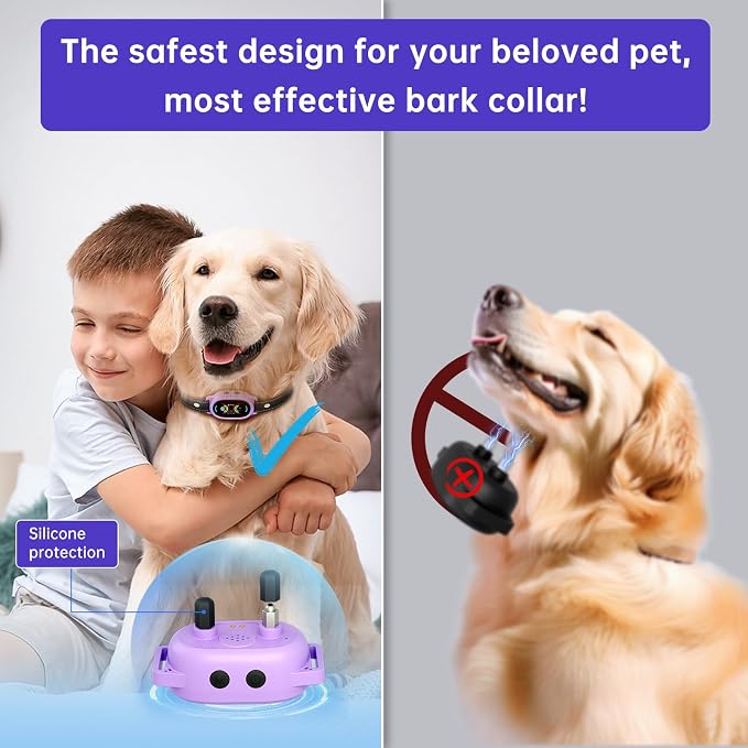 Dog Bark Collar, Rechargeable Bark Collar for Large Dog, Medium Dog and Small Dogs, IP67 Waterproof Anti Barking Collar with Adjustable Sensitivity(Purple)