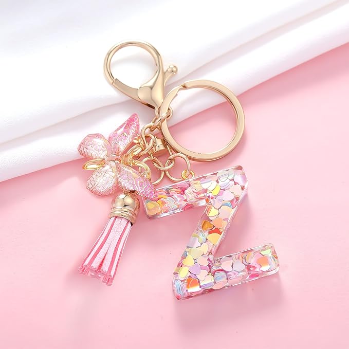 Fashion Alphabet Initial Letter Keychain Tassel Butterfly Pendant Key Ring for Purse Handbags Women Girl
