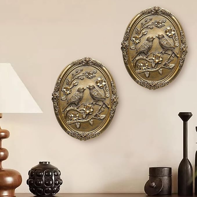 Vintage Bird Wall Art 2 Pack Antique Wall Decor Retro Wall Art Bird Wall Sculpture Hand Painted Wall Decoration with Embossed Birds Design Vintage Decor for Living Room Bedroom Gallery Unique Gifts (Gold Birds)