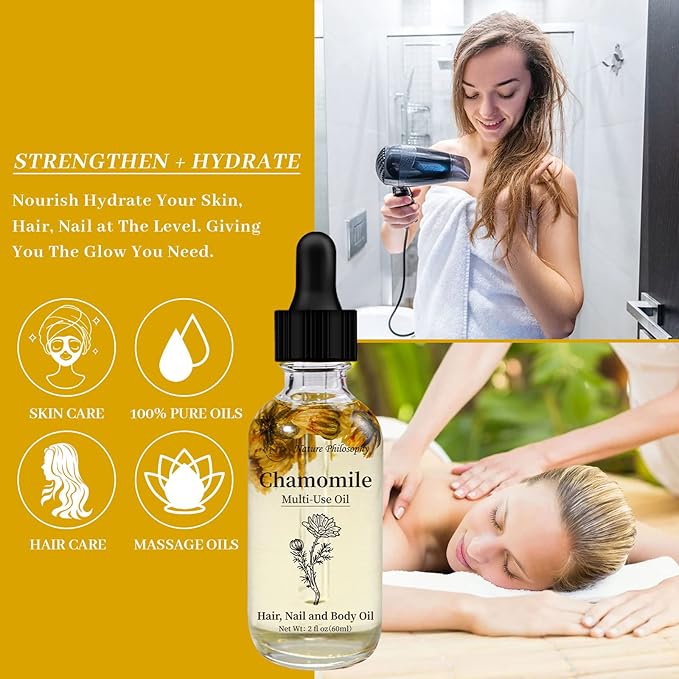 NP NATURES PHILOSOPHY Chamomile Multi-Use Oil for Face, Body and Hair - Organic Plant Fragrant Essential Oil for Dry Skin, Scalp and Nails - 2 Fl Oz