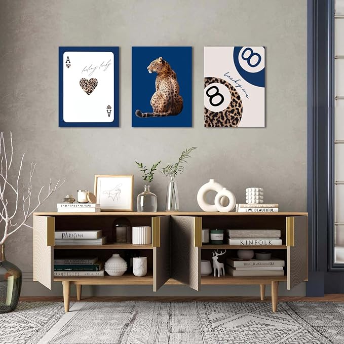 Navy Blue Leopard Canvas Wall Art Set of 3 Cheetah Animal Prints Posters Wall decor Trendy 8 Ball Lucky Me Pictures Aesthetics Artwork for Dormitory Apartment Bedroom Decoration 16x24 Inch Framed