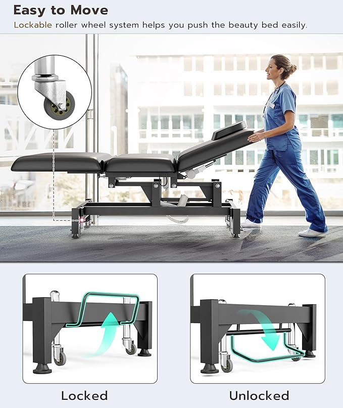 Icoget Fully Electrical Massage Table Bed with Wheels and Stool, 3-Section Adjustable Medical Treatment Table for Clients, Esthetician Facial Beauty Physiacl Therapy Bed for Spa, Exam, Black
