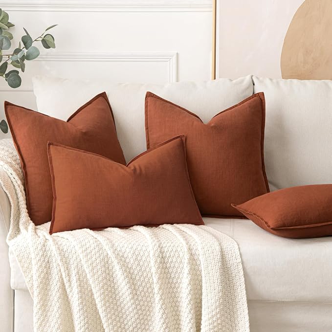 MIULEE Decorative Linen Pillow Covers 18x18 Inch Rust | Boho Farmhouse Fall Autumn Couch Throw Pillows for Bed, Pack of 2 Accent Modern Pillowcases, Sofa Livingroom Home Decor
