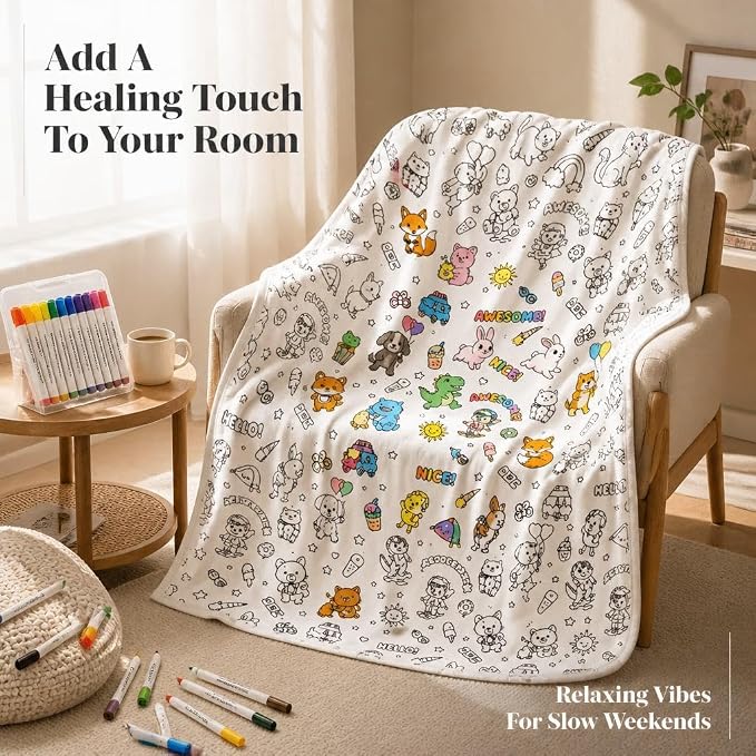 VEELU DIY Coloring Blankets with 24 Colors Markers for Adults | Custom Color In Your Own Blankets With 24 Colors Markers, Snuggle Color Sketch Washable Blankets Kit Home Decor