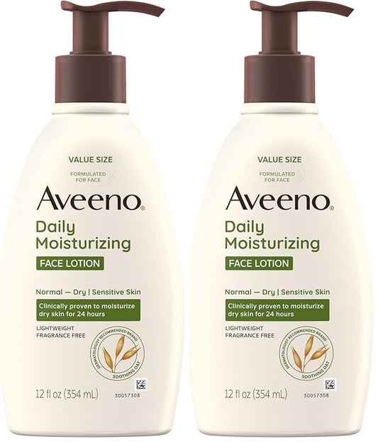 Aveeno Daily Moisturizing Face Lotion with Soothing Prebiotic Oat,Gentle Lotion Nourishes Normal to Dry Skin With Moisture,Sensitive Skin,Fragrance-Free,12 fl. oz,(Pack of 2)