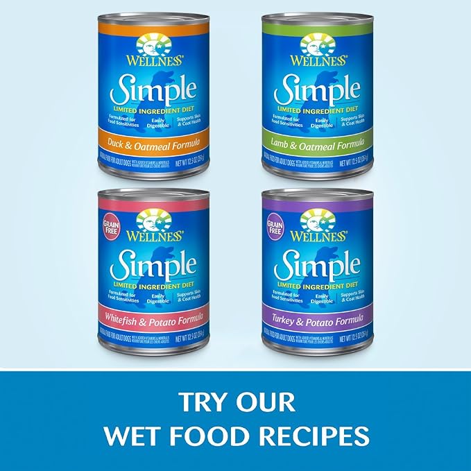 Wellness Simple Limited Ingredient Diet Adult Dry Dog Food, Wholesome Grain Kibble, Sensitive Stomach, Skin & Coat Support, Natural, Chicken Free, Lamb and Oatmeal Recipe, 26 lb Bag