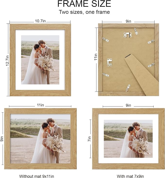 Hongkee 9x11 Picture Frame Set of 4, Made of Real Glass and Natural Oak Frame - Display Picture 7x9 with Mat or 9x11 Without Mat, 9 by 11 Photo for Wall or Tabletop