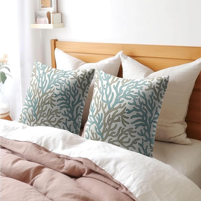 Nautical Coastal Coral Teal Tan White Pillow Covers 18x18 Inch Set of 2 Brown Summer Ocean Themed Beach Pillow Cases Outdoor Linen Square Cushion Cover Farmhouse Decor for Bedroom Home Sofa Couch Bed