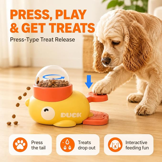 Interactive Dog Puzzle Toy, Cute Duck Treat Dispenser with Anti-Slip Pad, Press-Type Slow Feeder for IQ Training & Boredom Relief, Mental Enrichment for Small Medium Dogs & Cats (Yellow)