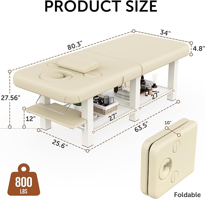 Extra Large 34''×80'' Folding Stationary Massage Table with Adjustable Backrest, Heavy-Duty Metal Frame PU Leather Treatment Bed for Spa, Physical Therapy, Tattoo, Facial & Medical Exam - Beige Gray