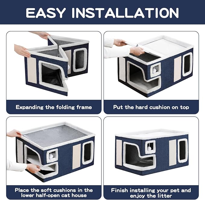 Large Cat Houses for Indoor Cats, Extra Wide Cat Cave Bed with Scratch Pad and Fluffy Ball, Foldable Cat Hideaway Condo for Large Cats, Modern Kitten Bed,23x16x13 inches (Blue, X-Large)