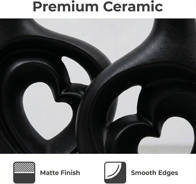 Matte Black Heart Shaped Hollow Ceramic Vase Set of 2 | Modern Minimalism Styles, Mid Century Nordic Aesthetic, Home Table Decor, 8.5in