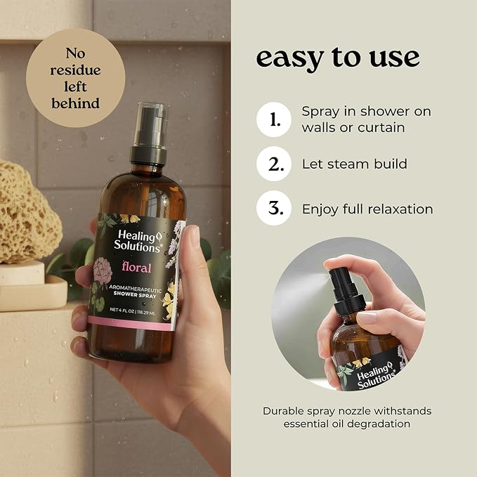Healing Solutions Aromatherapy Shower Spray, Floral Blend, 4oz, Therapeutic Grade Essential Oils, Made in the USA, At Home Spa Experience (4oz, Floral)