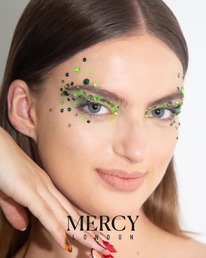 MERCY LONDON Face Gems in Green, 866 Self Adhesive Makeup Face Gem Stickers, 4 Sheets, Poison Ivy Reusable Eye Gems, Wicked DIY Face Gems
