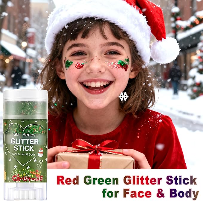 Green Red and White Body Glitter Stick, Christmas Hair Glitter for Kids Women,Xmas Party Festivel Accessories Outfits Face Glitters Makeup, Long Lasting Chunky Sequins Gel for Christmas (Green)